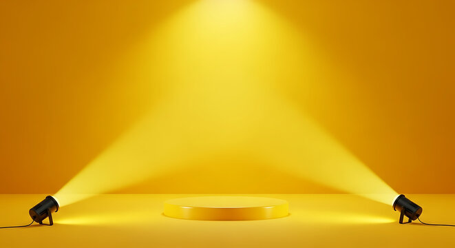 Empty stage with bright yellow spotlight illuminating central circular podium platform spotlight platform background illuminated presentation lighting showcase geometric minimalist creative