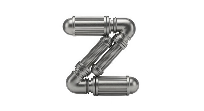 Letter Z made of silver industrial metal pipes isolated on transparent background