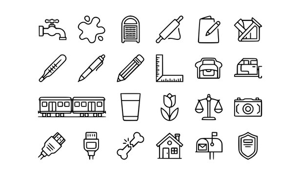 Thin Line Icon Set Water Tap Railway Carriage Mailbox Vector Collection