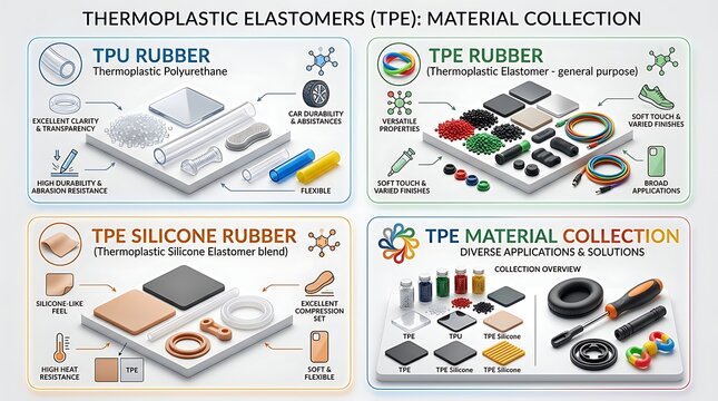 Colorful Thermoplastic Elastomer Material Collection Displayed in Technical Infographic Layout