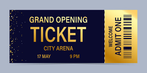Fototapeta premium Realistic ticket vector template admission with gold for anything event.