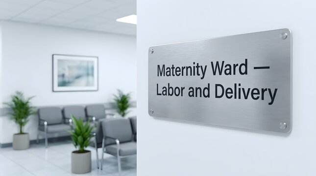 Maternity Ward Labor Delivery Hospital Sign Silver Plaque Wall Waiting Area Chairs Plants Healthcare Facility Obstetrics Childbirth Professional