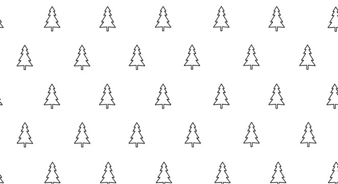 Minimalist seamless pattern of repeating black outline pine trees on a white background, ideal for simple winter designs.