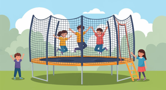 Vector illustration of diverse children jumping on a large outdoor trampoline with a safety net enclosure and ladder, set in a green park or backyard under a sunny blue sky.