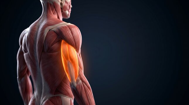 3D rendering of human anatomy showing the muscular system from the back with the triceps highlighted in orange, for human muscular system education.