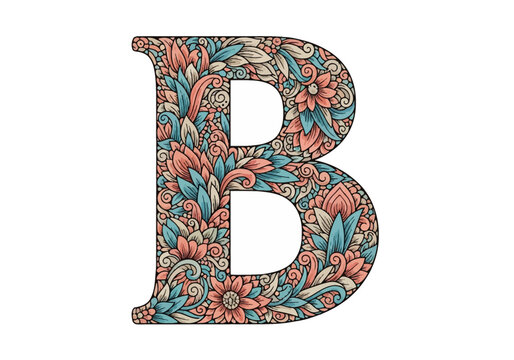 Decorative capital letter B featuring an intricate hand-drawn floral pattern with flowers, leaves, and vines in coral, teal, and cream colors, isolated on a plain white background.