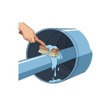 Hand using a scrubbing brush with water to clean the interior of a blue large diameter industrial pipe or water tank, representing plumbing maintenance, sanitation, and hygiene.