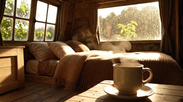 Sunlit cozy living room with warm window light, textured sofa and tasseled throw, coffee mug on wooden table