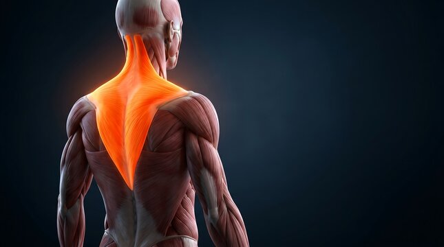 Detailed 3D anatomical rendering of the human back with highlighted trapezius muscles, for human muscular system education.