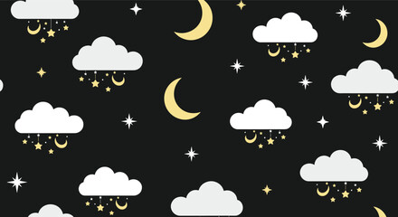 Fototapeta premium Seamless night sky pattern background featuring white clouds with hanging yellow moons and stars on black.