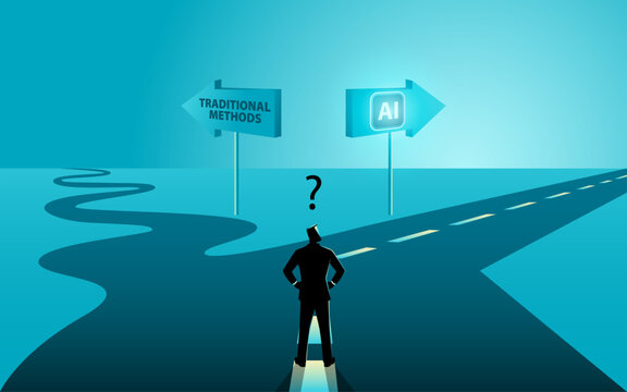 Businessman choosing between traditional methods and artificial intelligence