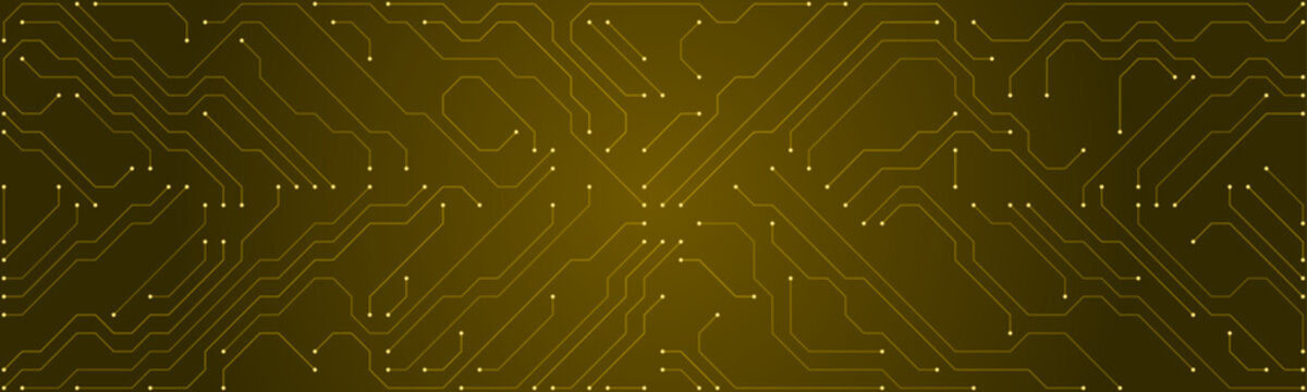Abstract yellow circuit board pattern with glowing white dots on dark gold background technology