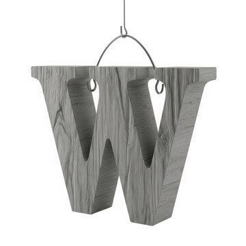 Concrete letter W hanging from a thin wire isolated on transparent background