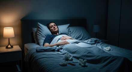 Fototapeta premium A Person In Bed Looks Ill, Surrounded By Medicines And Tissues, In The Dim Light