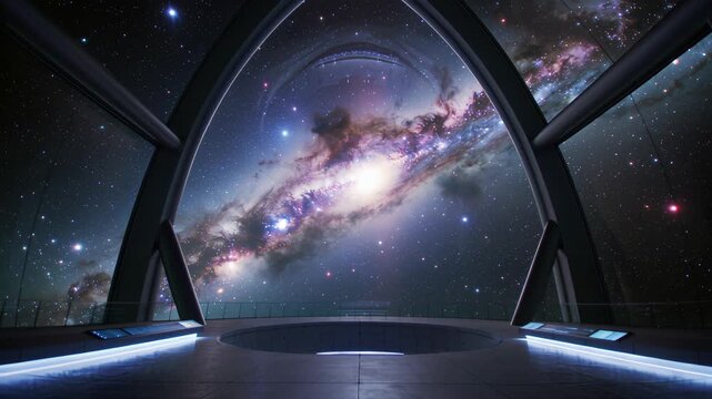 Futuristic Space Observatory Interior with Panoramic Galaxy View