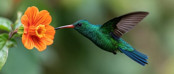 Obraz premium A captivating hummingbird hovers near a bright orange flower, demonstrating the wonder of nature and the delicate balance between pollinator and bloom in a vivid display of color.