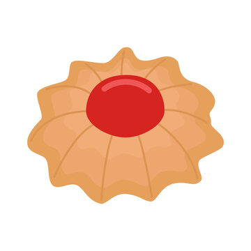 Sweet jam cookie on white background. Traditional Christmas kurabiye shortbread biscuit with fruit jam round filling decoration