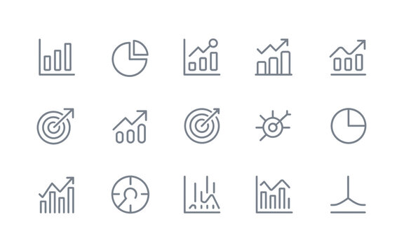 A collection of circular icons featuring business and finance symbols with arrows and graphs