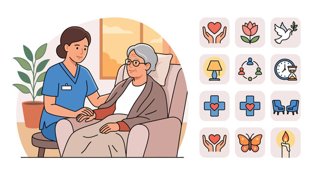 Vector illustration of a female nurse in blue scrubs comforting an elderly woman sitting in an armchair, accompanied by a set of hospice, palliative care, and medical icons.