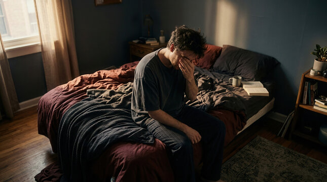 A Person In Distress Sitting On A Bed With Their Hand Over Their Face