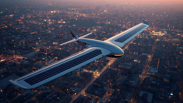 Solar-powered airplane flying over illuminated city at dusk, advanced technology, future transport