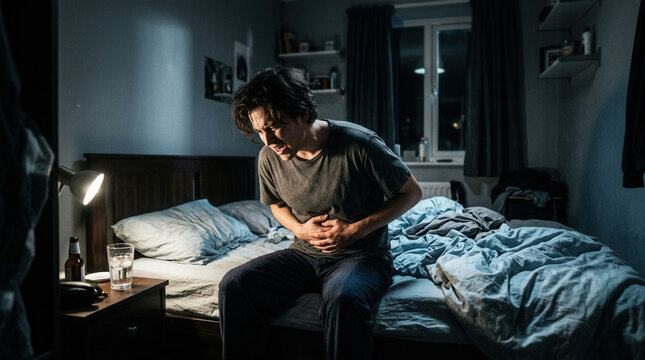 A Suffering Man Experiencing Stomach Pain While Sitting On His Bed In Bedroom