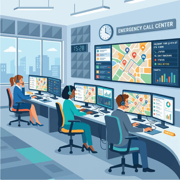 People working at call center desks.