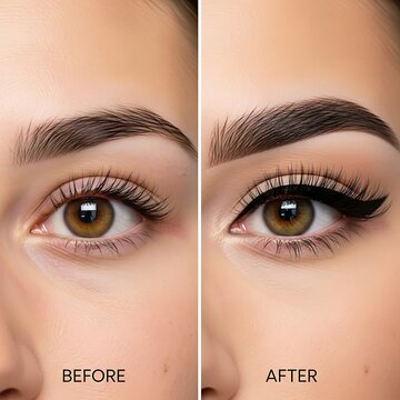Close up before and after eyelash extensions application.