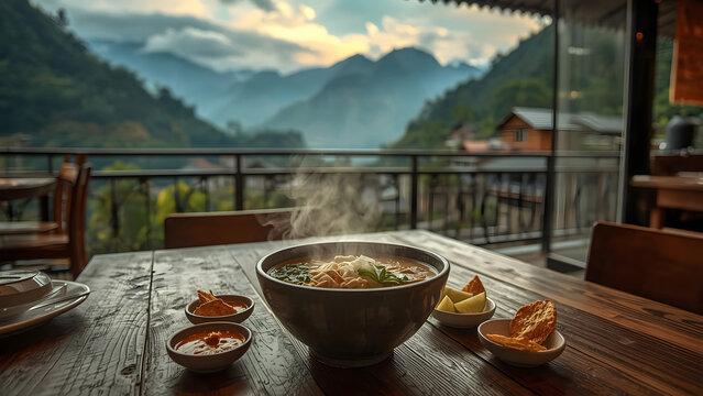 Steaming Vietnamese Pho noodle soup served on a rustic wooden table with mountain view