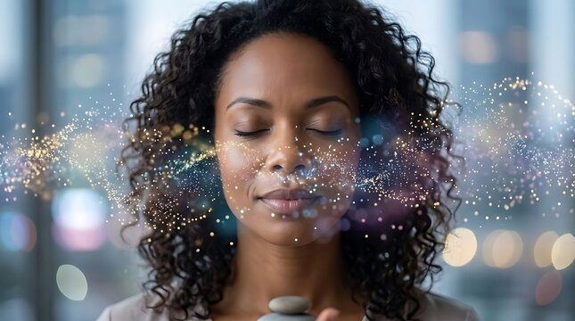 African American woman with closed eyes finding inner peace amidst glowing digital particles in a modern urban office