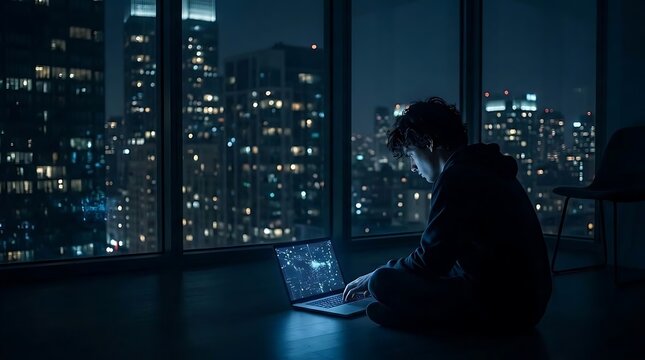 Young man working on laptop in dark modern office at night with city skyline lights reflecting blue