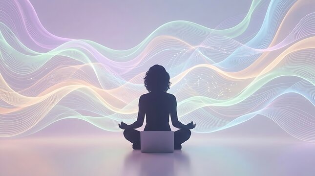 Silhouette of a person meditating in front of a laptop with flowing holographic colorful energy waves background