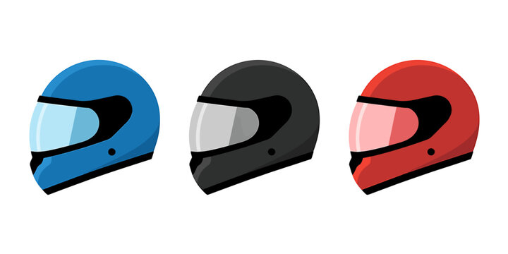 Three colorful motorcycle helmets with clear visors isolated design