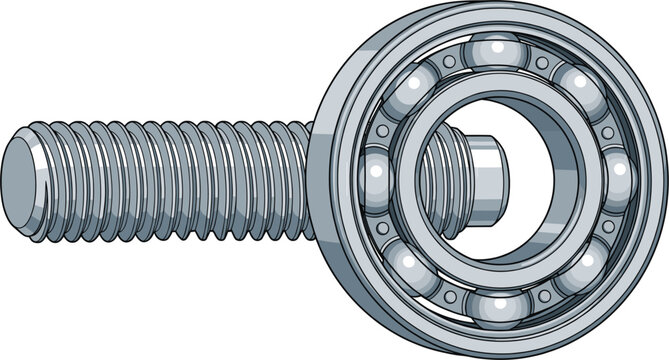 Metallic steel screw bolt and radial ball bearing vector illustration, industrial hardware machinery spare parts engineering element