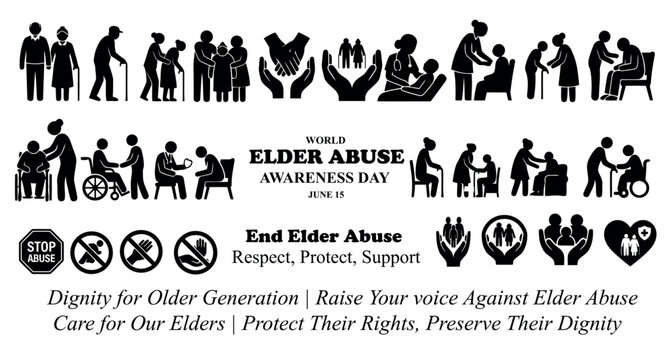 World Elder Abuse Awareness Day June 15 silhouette icon set, senior care and older generation protection concepts vector