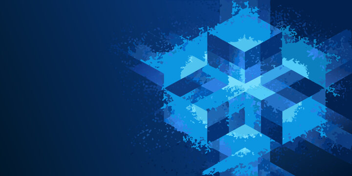 Isometric cluster of glowing blue cubes against a dark blue background