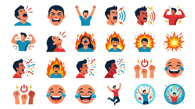 Large collection of flat vector icons depicting diverse human emotions such as intense anger, loud shouting, joyful laughter, flexing muscles, and celebration with colorful confetti.