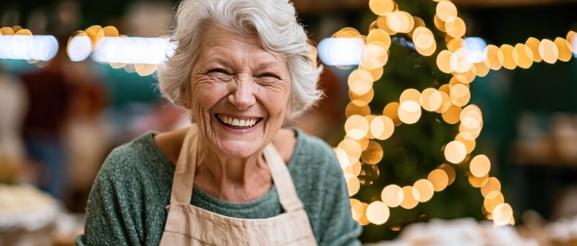 A cheerful elderly woman in an apron smiles brightly against a backdrop of twinkling lights, evoking warmth and a sense of community during festive times.