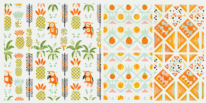 Tropical fruit and bird pattern folk art inspired vector illustration