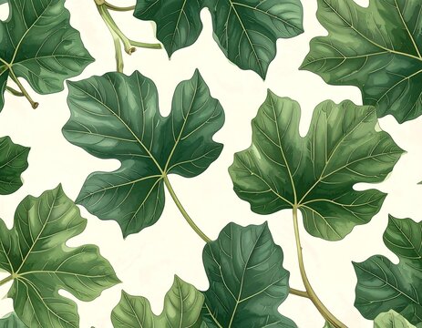 Lush Green Fig Leaves Arranged in Botanical Pattern on Light Background