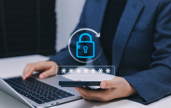 Password reset security and forgotten password recovery concept. Person using smartphone and laptop, showing digital lock, secure login, account protection, data privacy, and cybersecurity control.