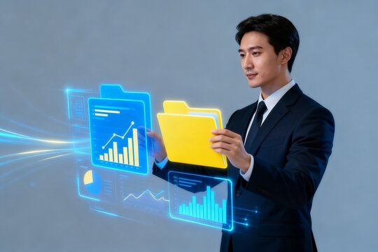 Businessman with digital charts and folders for presentations
