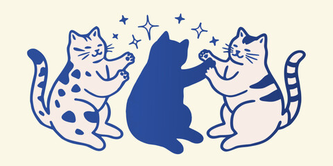 Naklejka premium Three Cats Holding Paws Blue Vector Illustration With Sparkle Elements