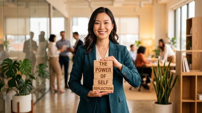Businesswoman standing in a modern office holds wooden blocks reading the power of self reflection, while coworkers and indoor plants appear softly blurred in the background.