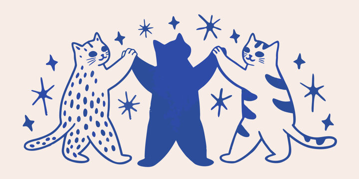 Three blue cats holding paws whimsical vector illustration
