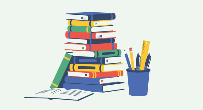 A high-quality 3D illustration of a library stack of books and pens next to a laptop computer on an office desk, symbolizing education, business data learning, and school study literature
