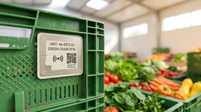 Close up of rfid tracking tag on green crate with fresh produce in background warehouse setting
