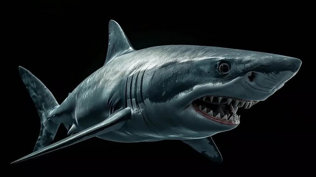 Great white shark swimming through dark ocean water in this cinematic 3D animated video clip showing realistic predatory animal motion