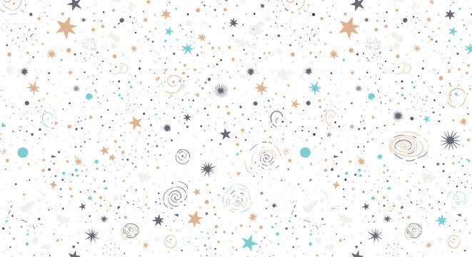 Whimsical celestial pattern featuring stars, planets, and decorative dots on a white background for children's designs.
