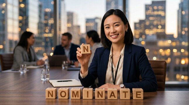 Businesswoman in a modern office holds a letter block while nominate is spelled across a conference table, with coworkers and a city skyline softly blurred in the background.